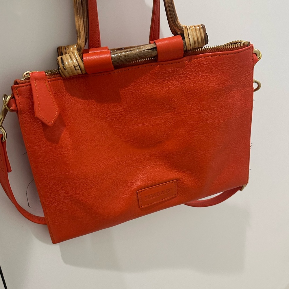 Orange Leather Tote Bag with Bamboo Handles